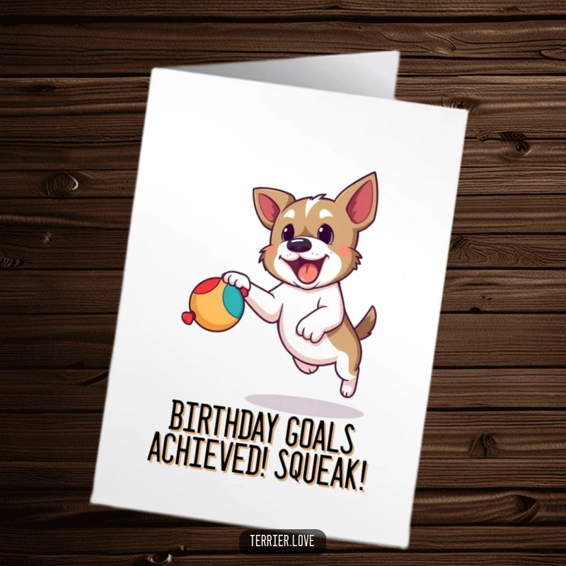Free Printable Terrier Birthday Card: Playful terrier focusing intently, leaping mid-air to catch a bright red squeaky toy.