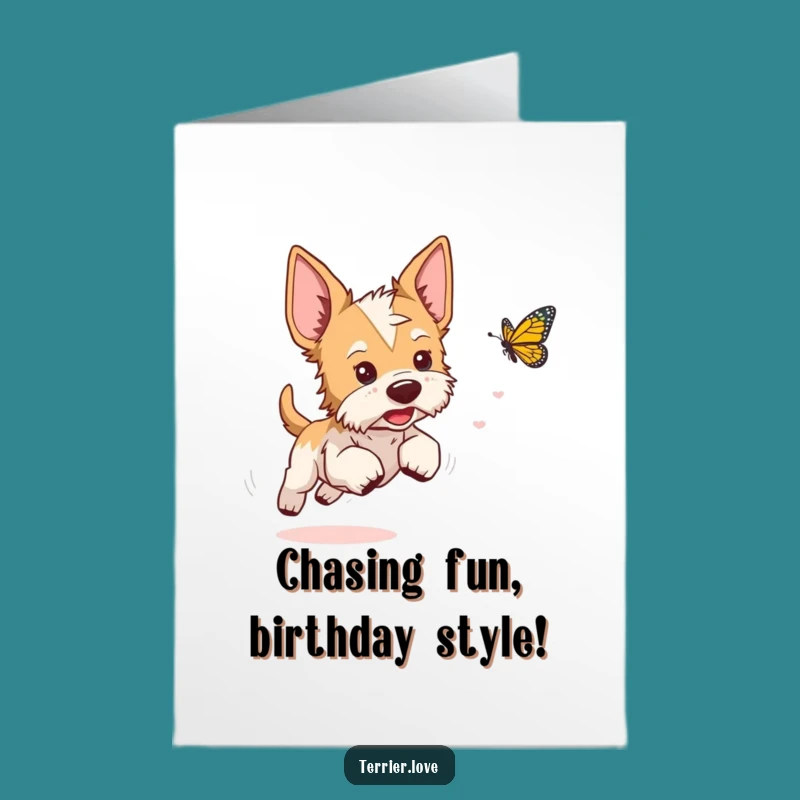 Free Printable Birthday Card: Playful Terrier Chasing Butterfly is a Funny Downloadable Gift