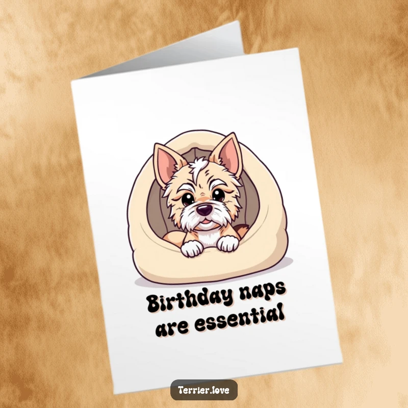 Funny Free Printable Birthday Card: A terrier peeking mischievously from a cozy dog bed, ready for fun.