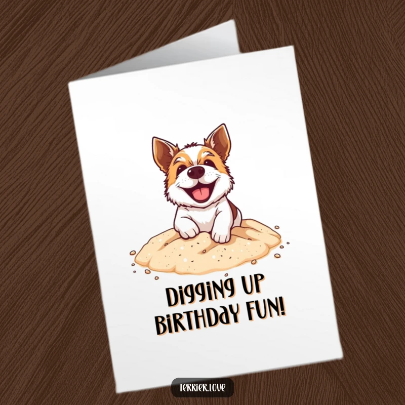 Funny Free Printable Birthday Card: A happy terrier with a wide grin, energetically digging in a tiny sandpit.