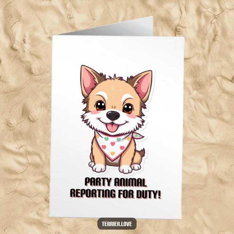 Funny Free Printable Birthday Card: A cheerful terrier dog wearing a tiny, colorful bandana, ready to party and celebrate.