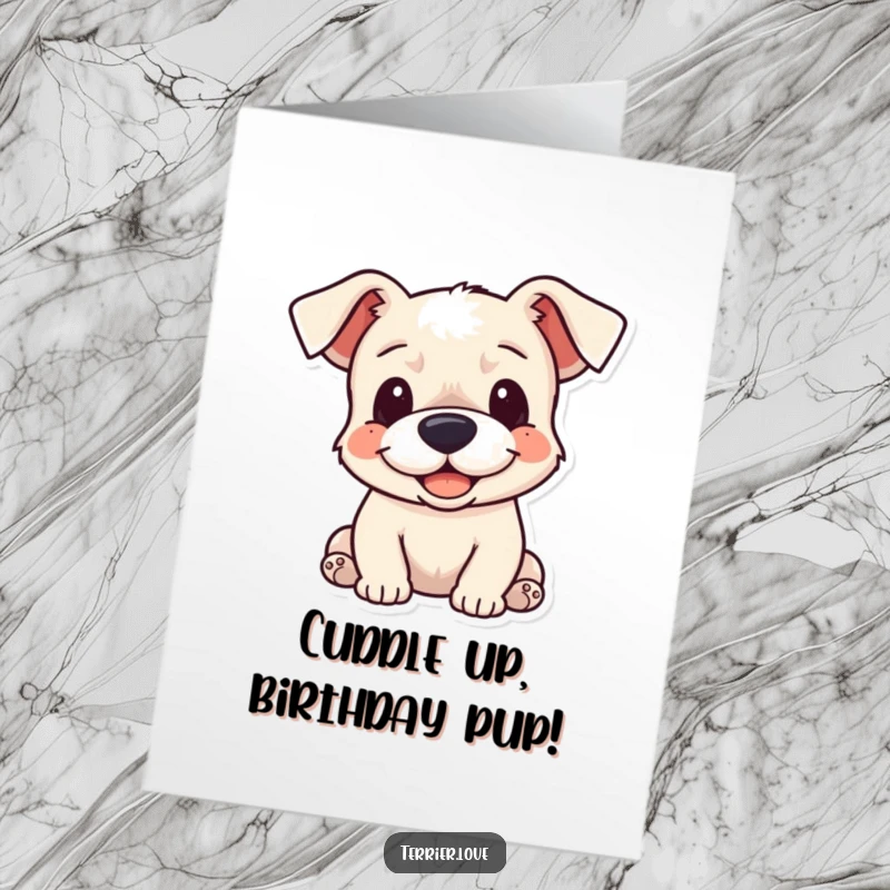 Funny Free Printable Birthday Card: Cheerful terrier with floppy ears, open arms ready for a big birthday cuddle.