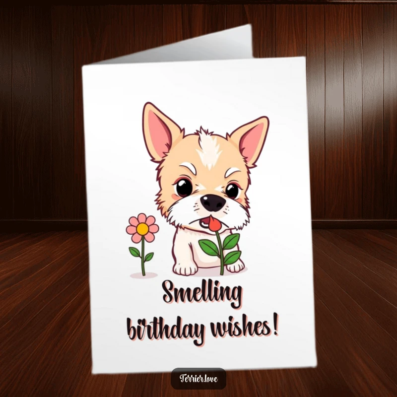 Funny Free Printable Birthday Card: A terrier with its nose to a stylized flower, looking intrigued.