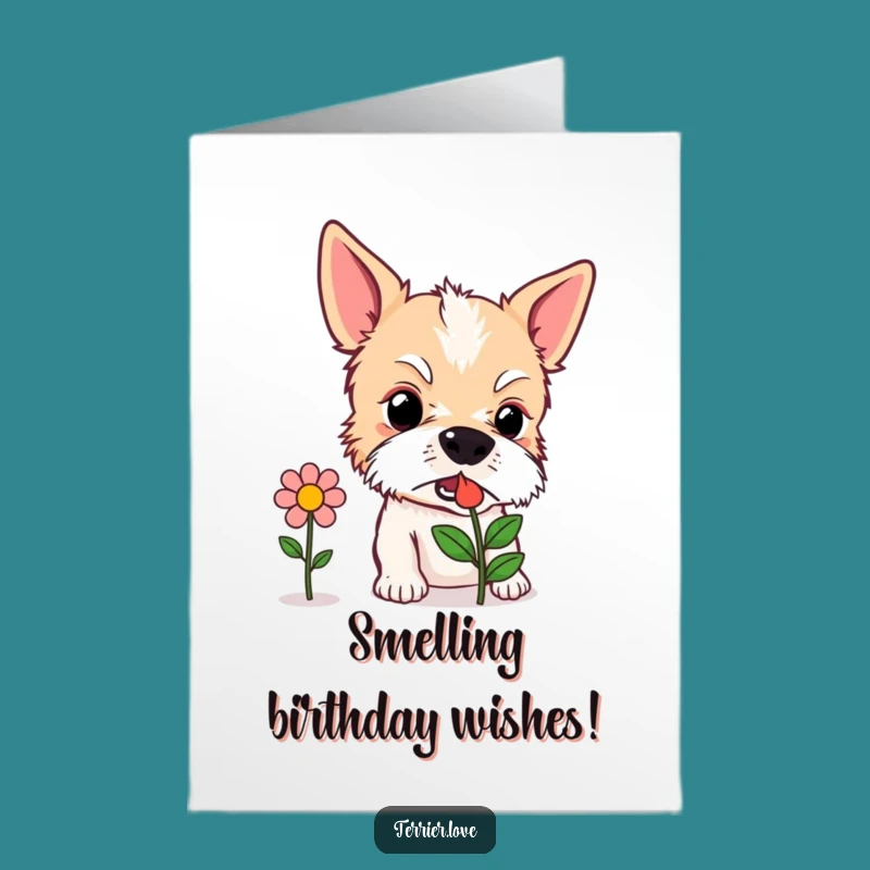 Free Printable Birthday Card: Curious Terrier Sniffing Flowers - Funny Dog