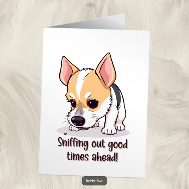 Funny Free Printable Birthday Card: Curious terrier intently sniffing the ground with a concentrated expression.