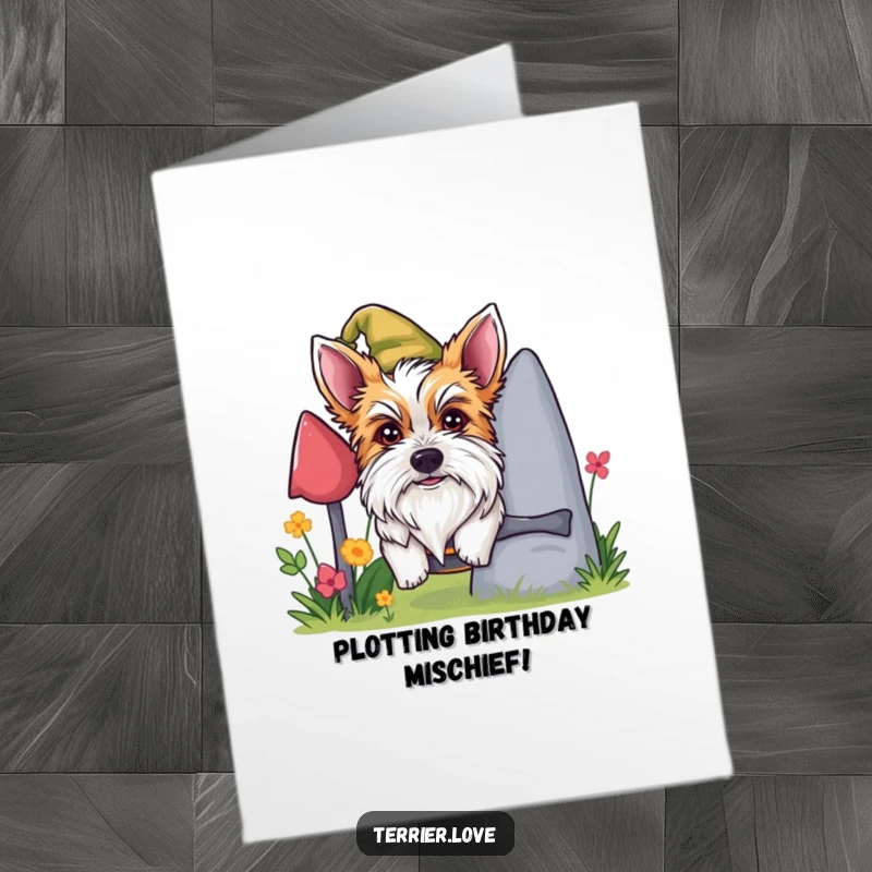 Funny Free Printable Birthday Card: A mischievous terrier peeking with a sly grin from behind a colorful garden gnome.
