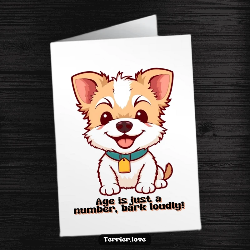 Funny Free Printable Birthday Card: Happy terrier wearing a collar and tag, celebrating with a huge grin. A perfect DIY gift.