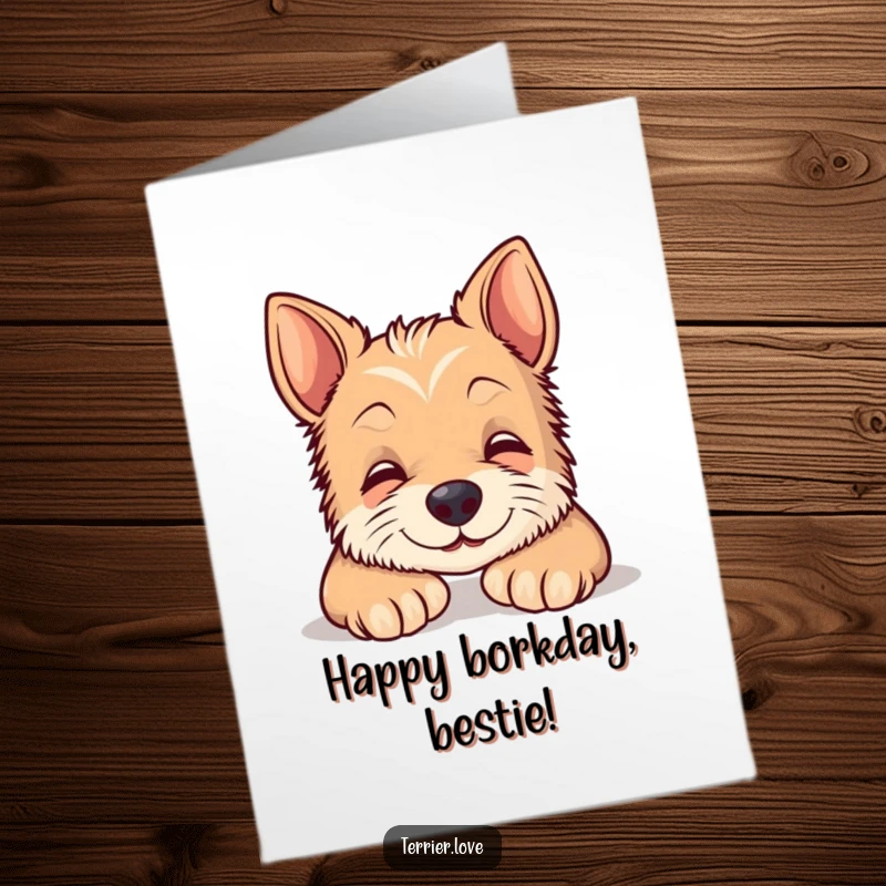Funny Free Printable Birthday Card: A content terrier smiles sweetly while resting its head on its paws, wishing you joy.