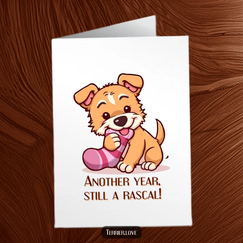 Funny Free Printable Birthday Card: A playful terrier with a mischievous glint is caught red-pawed trying to steal a sock.
