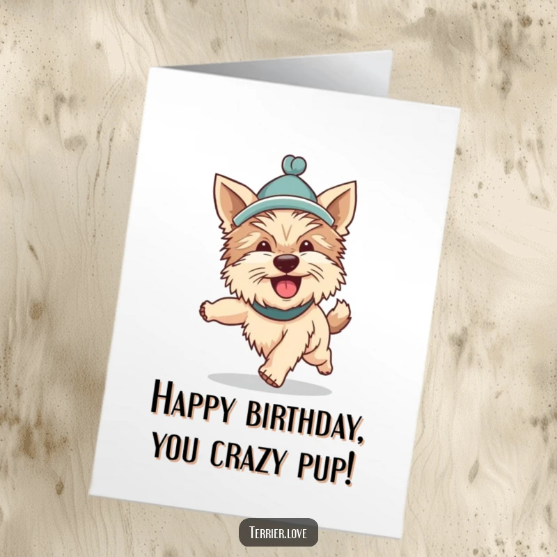Funny Free Printable Birthday Card: A silly Terrier wearing a party hat enthusiastically chases its tail in circles.