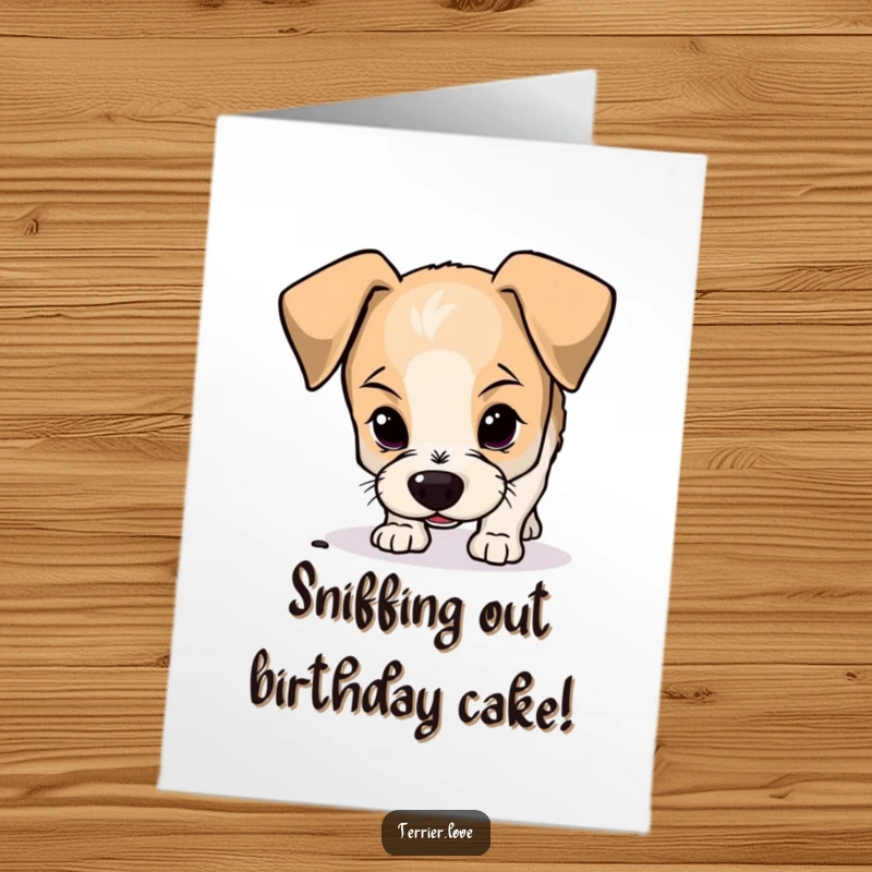 Funny Free Printable Birthday Card: A curious terrier with floppy ears intently sniffs the ground.