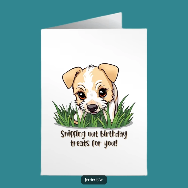 Free Printable Terrier Birthday Card: Curious Dog Sniffing Grass Funny Gift