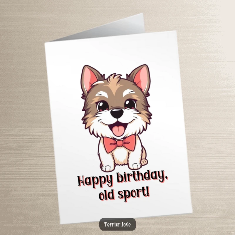 Funny Free Printable Birthday Card: Playful Terrier wearing a smart bow tie, panting happily with birthday excitement.