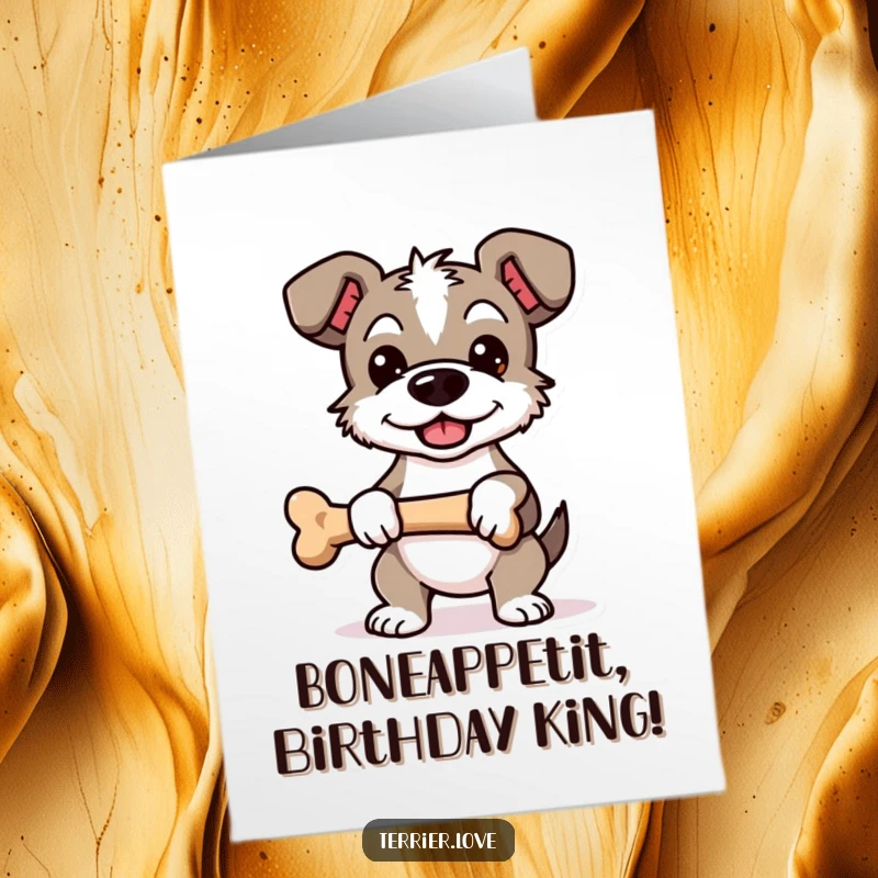 Funny Free Printable Terrier Birthday Card: Terrier dog standing proudly with a bone, exuding confidence.