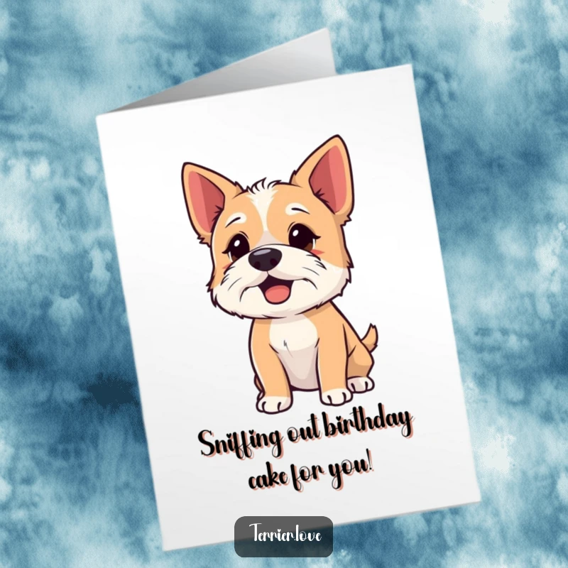 Funny Free Printable Terrier Birthday Card: Terrier dog sniffing the air with nose up, excited for birthday, downloadable gift.