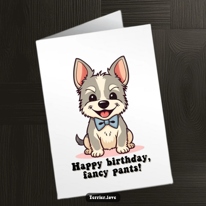 Funny Free Printable Birthday Card featuring a dapper Terrier dog wearing a bow tie, shaking its head in pure glee.