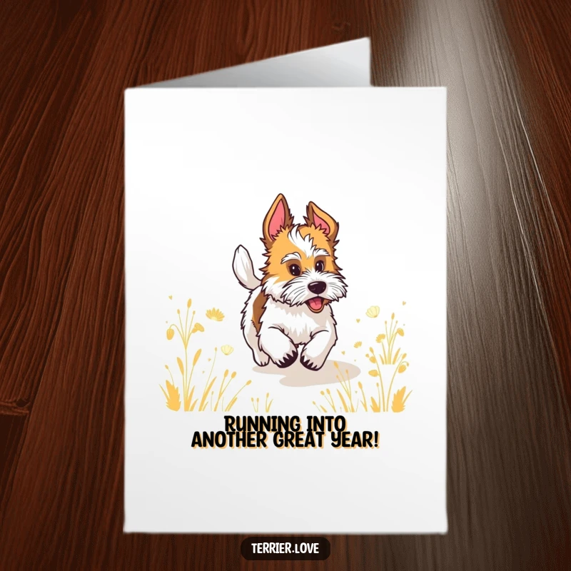 Free Printable birthday card of a terrier with a wagging tail running joyfully through a field, celebrating life.