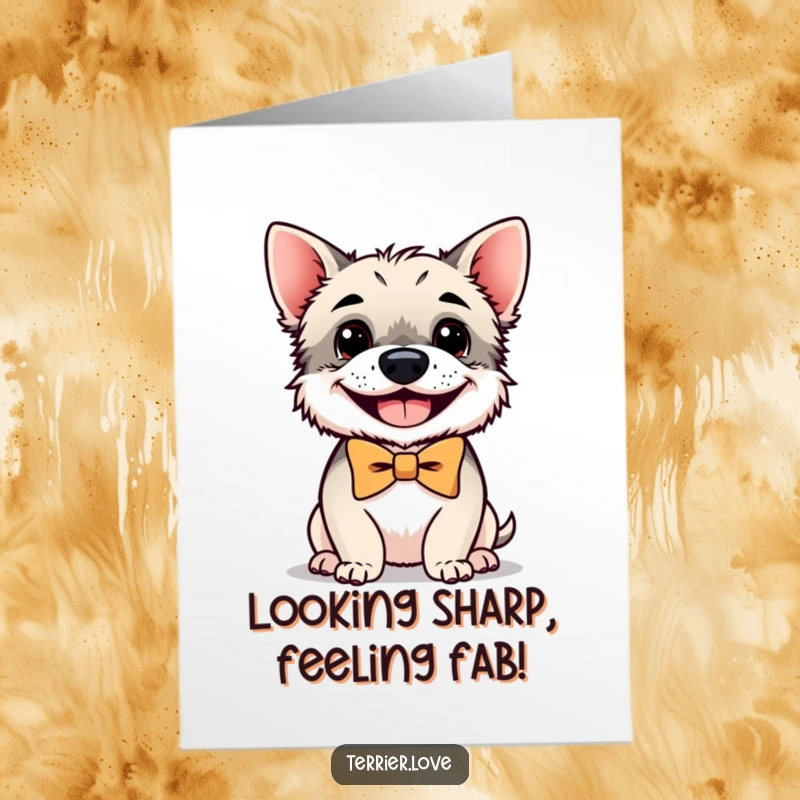 Funny Free Printable Birthday Card featuring a small terrier in a bowtie, sporting a wide, happy grin.