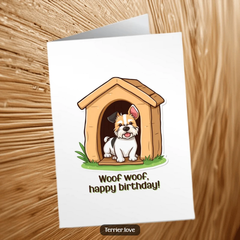 Free Printable birthday card featuring a terrier playfully peeking out from a doghouse, ready to wish a happy birthday.