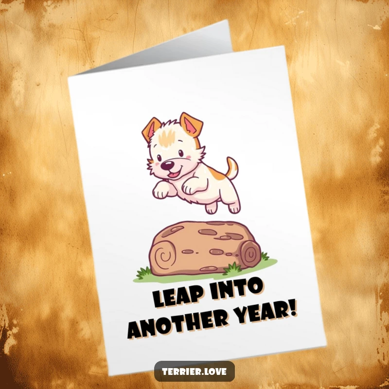 Funny Free Printable Birthday Card featuring an active Terrier dog leaping playfully over a log, full of energy.