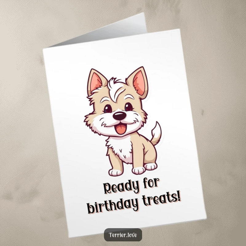 Funny Free Printable Birthday Card: A terrier happily wagging its tail, bursting with eager anticipation for the party.