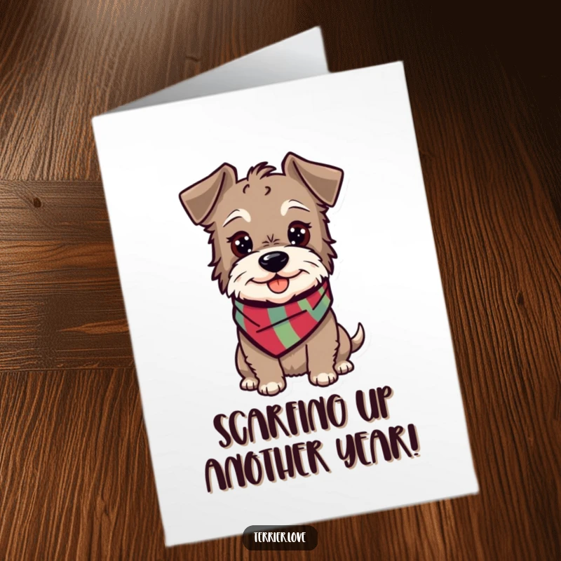 Funny free printable birthday card of a happy terrier wearing a colorful scarf, looking alert and ready to party.