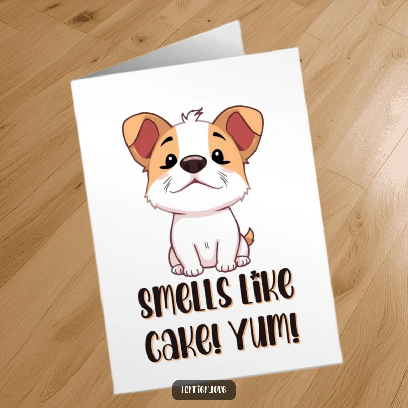 Funny Free Printable Terrier Birthday Card: Terrier dog excitedly sniffing the air with nose up, anticipating fun.