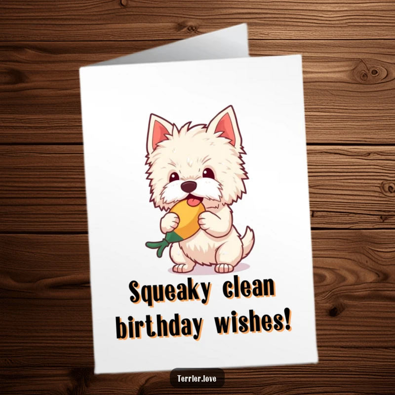 Funny Free Printable Birthday Card: Fluffy terrier joyfully shaking a squeaky toy, perfect for dog lovers.