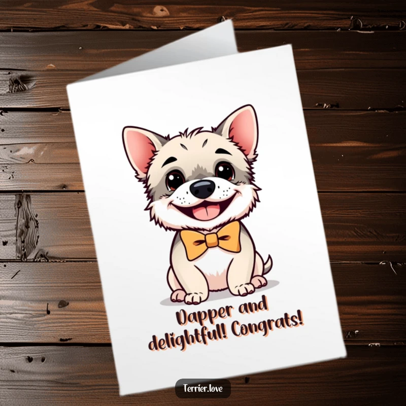 Funny Free Printable Congratulations Card: A small terrier in a smart bowtie grins widely, spreading cheer.