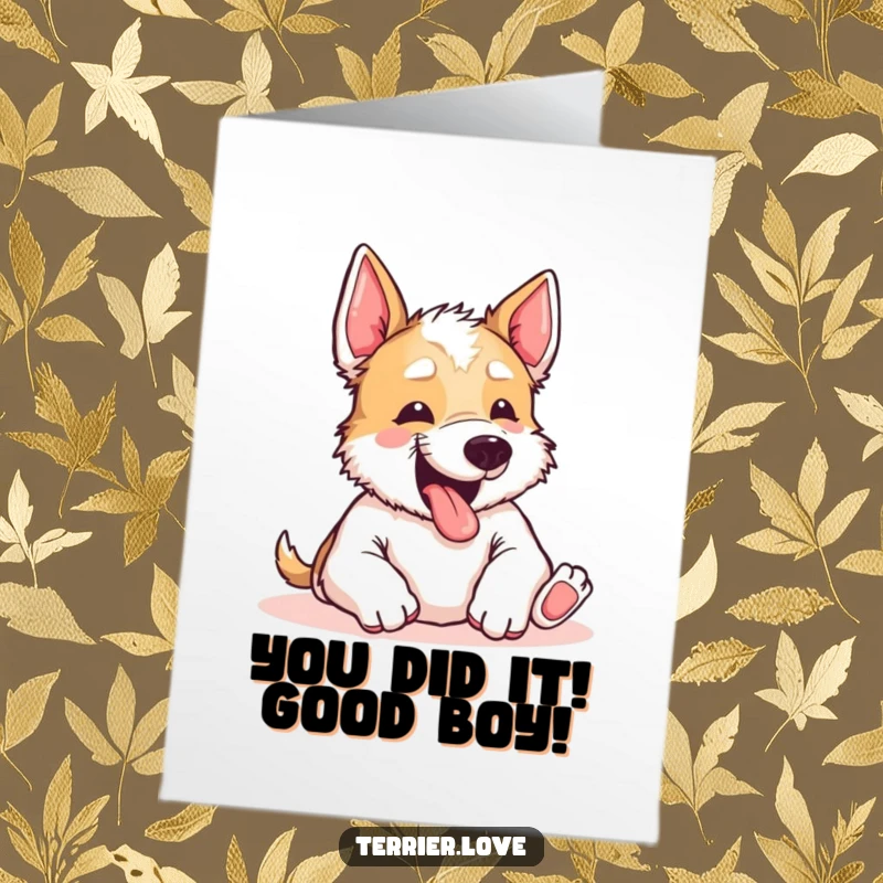 Free Printable Congratulations Card: Joyful terrier dog yipping excitedly, paws up, begging for a celebratory belly rub, cute and funny.