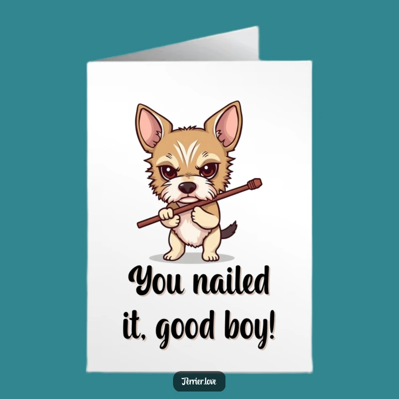 Free Printable Congrats Card: Determined Terrier, Stick Goal Downloadable Gift