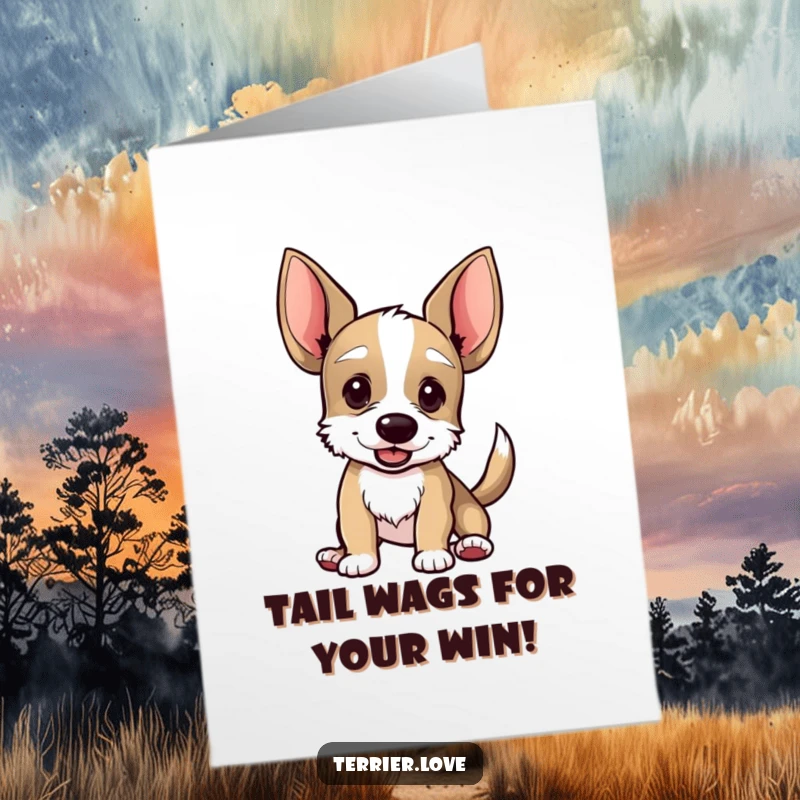 Funny Free Printable Congratulations Card: A terrier with enormous ears wagging its tail with great enthusiasm and happiness.