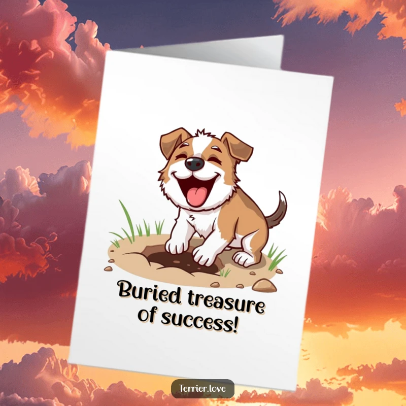 Funny Free Printable Congratulations Card: A terrier with intense focus digging a shallow hole, symbolizing dedicated effort.