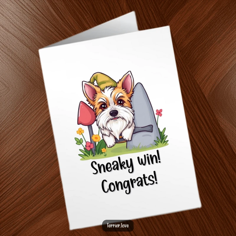 Funny Free Printable Congratulations Card: A terrier with a mischievous glint in its eye, peeking from behind a garden gnome.