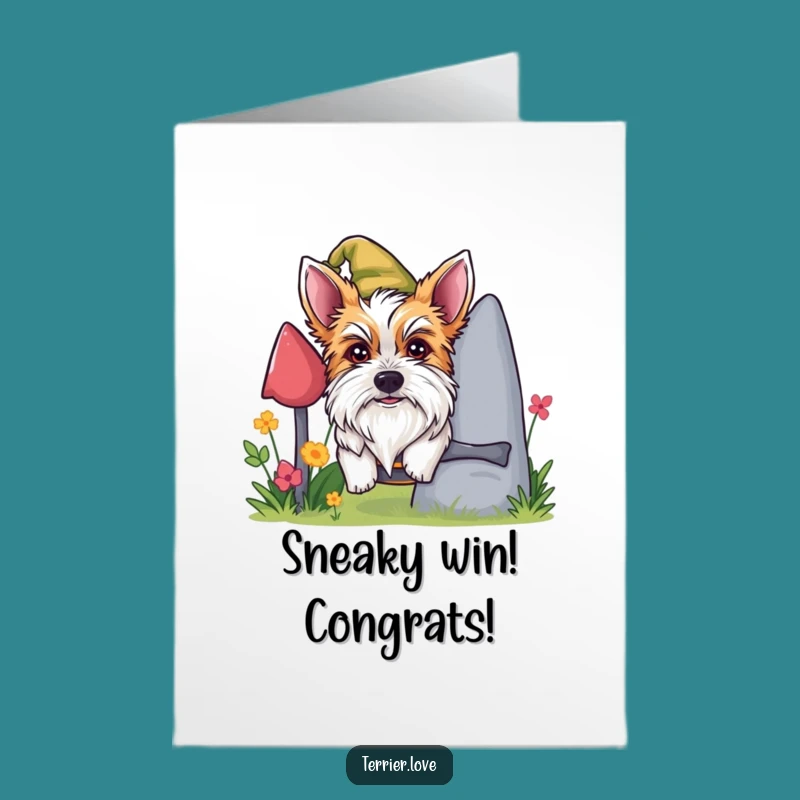 Free Printable Congrats Card: Mischievous Terrier Gnome Funny Downloadable Gift