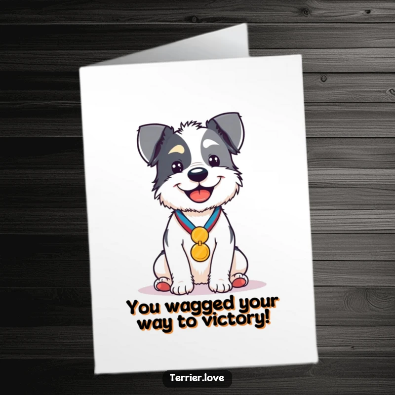 Funny Free Printable Congratulations Card: A proud terrier proudly displays a shiny medal, celebrating a big achievement.