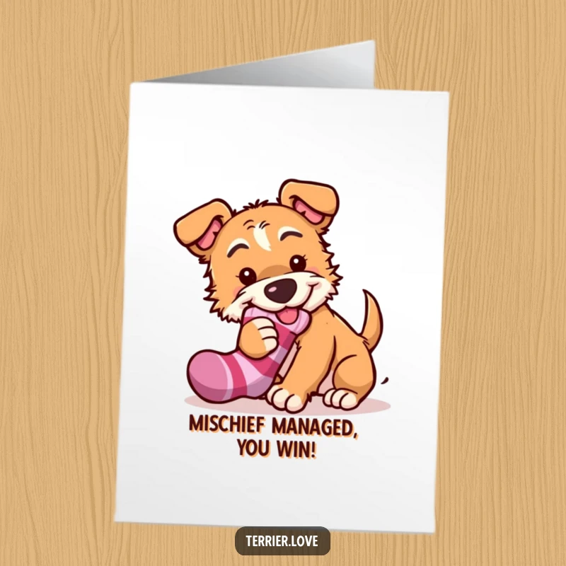 Funny Free Printable Congratulations Card: A mischievous terrier with a sock playfully celebrates your awesome achievement.