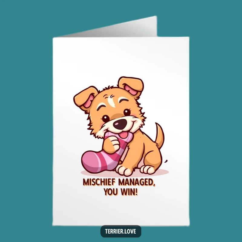 Free Printable Terrier Congrats Card: Mischievous Sock Thief, Funny Achievement Gift