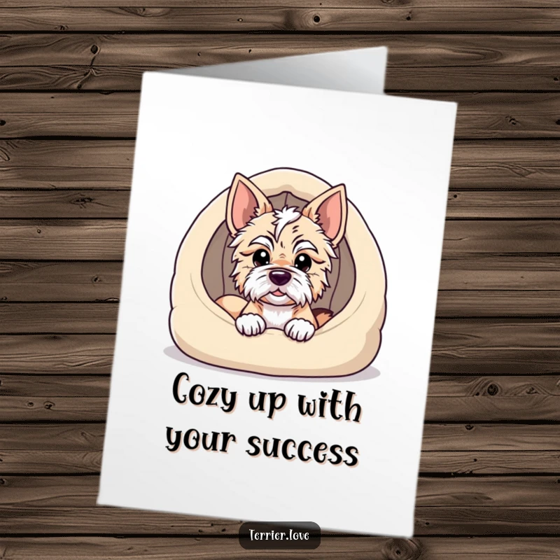 Funny Free Printable Congratulations Card: A terrier peeking out from a snug dog bed, looking proud of achievements.