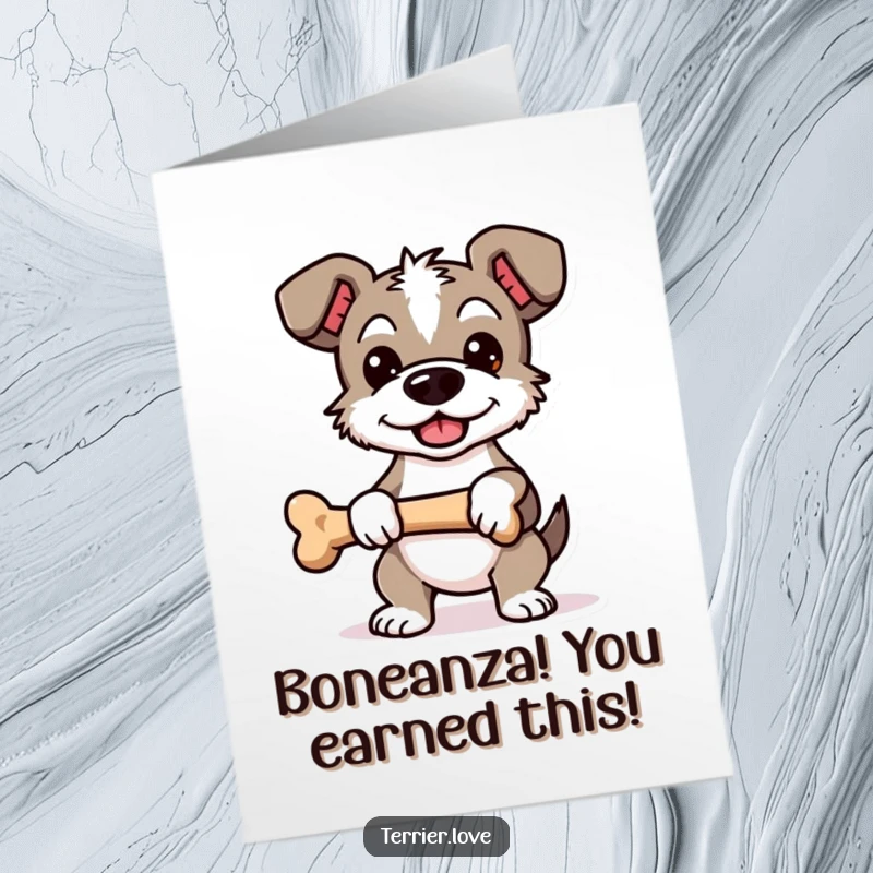 Funny Free Printable Terrier Congratulations Card: Terrier dog standing proudly with a bone, marking an achievement.