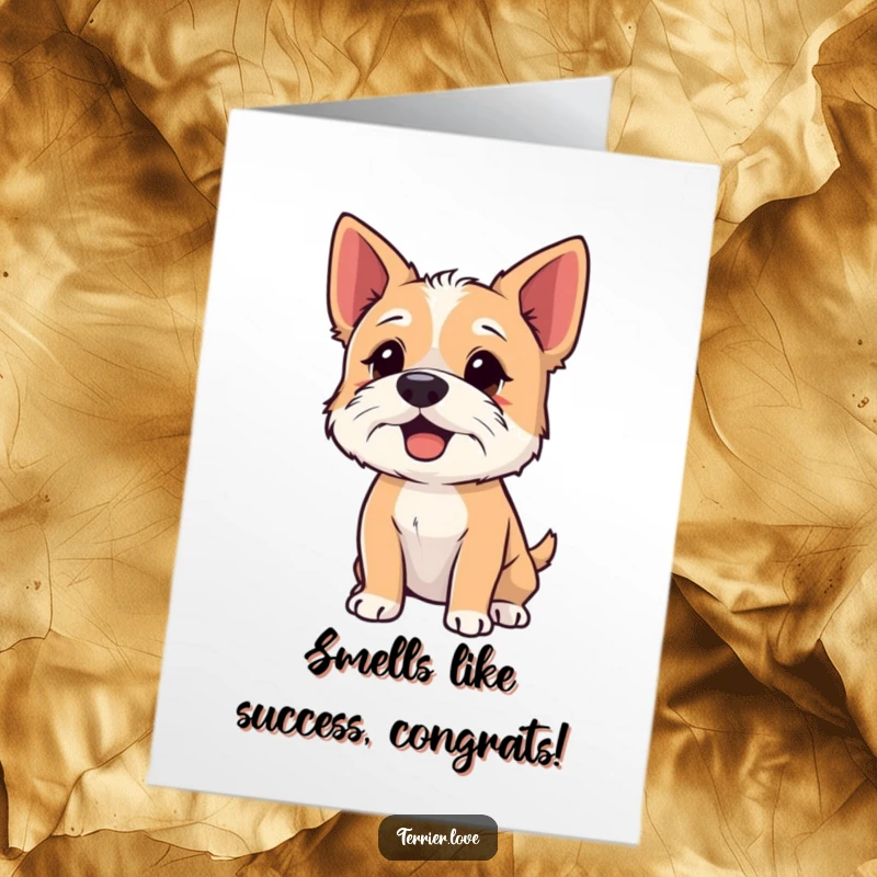 Funny Free Printable Terrier Congrats Card: Terrier dog sniffing the air with nose up, detecting your success, downloadable art.