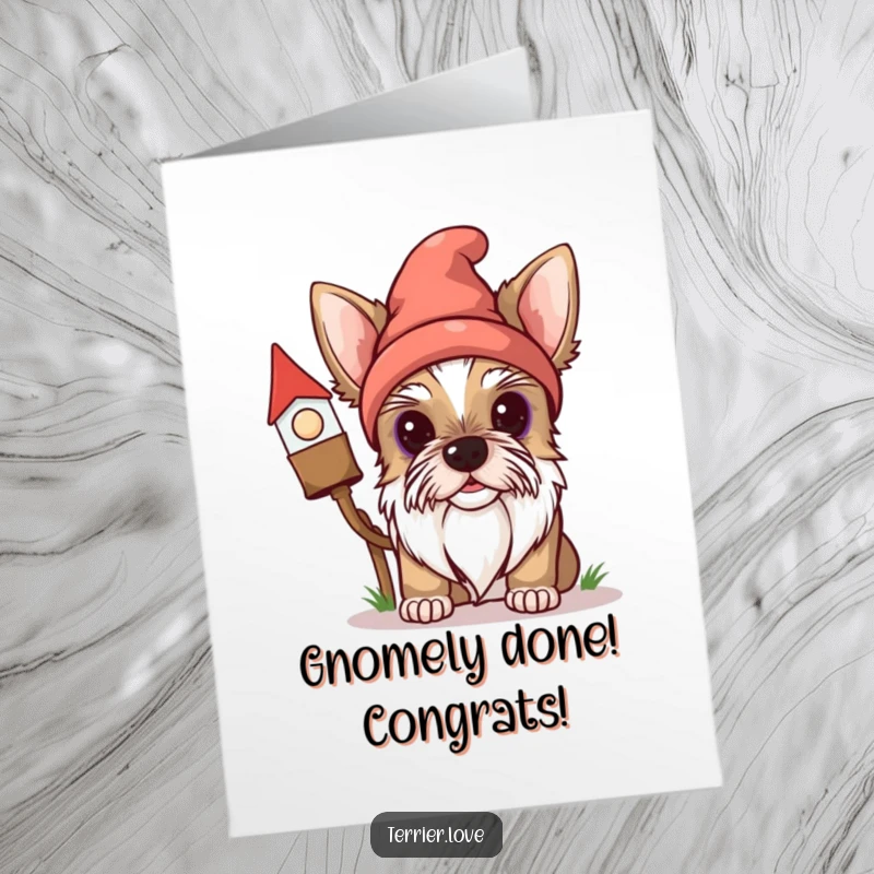 Funny Free Printable Congratulations Card with a curious Terrier dog peering from behind a garden gnome, sharing good news.