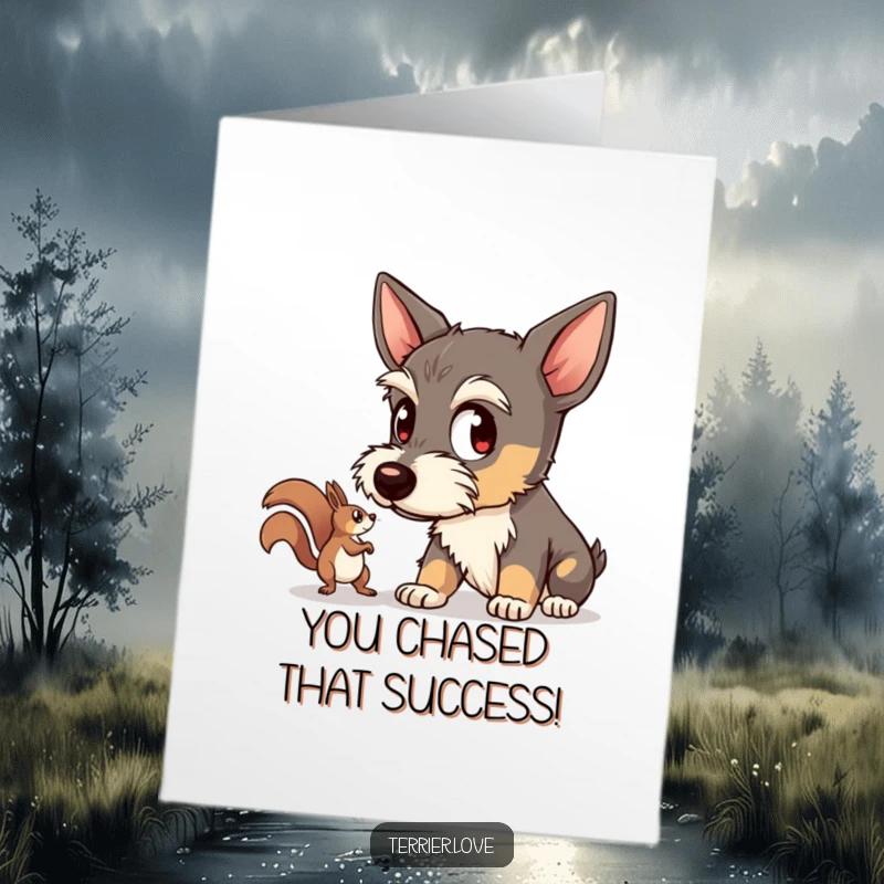Funny Free Printable Congratulations Card: A terrier with wide eyes intently watches a squirrel, celebrating your focused success.