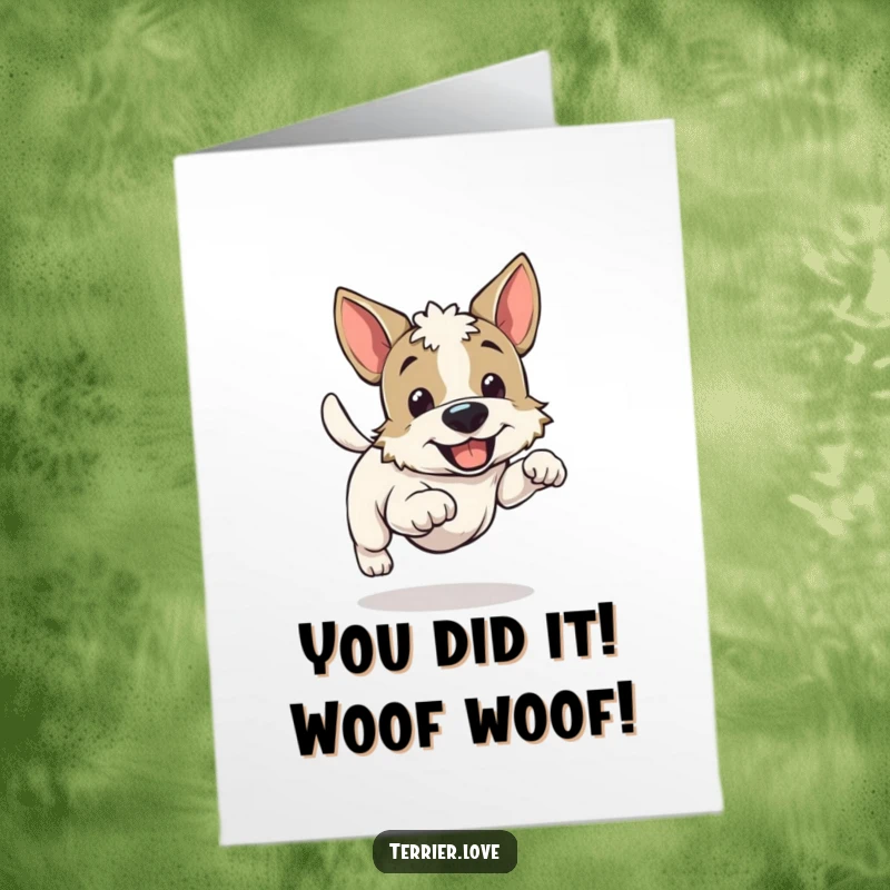 Funny Free Printable Congratulations Card: A happy terrier joyfully running with its tail wagging, celebrating good news.