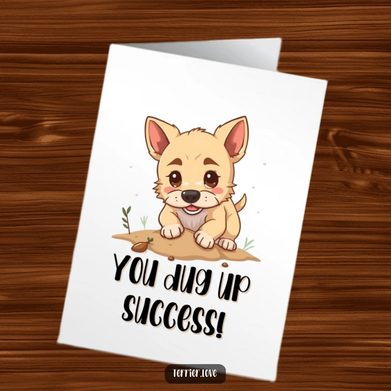 Funny Free Printable Congratulations Card: Determined terrier digging with focus, celebrating a great achievement with humor.