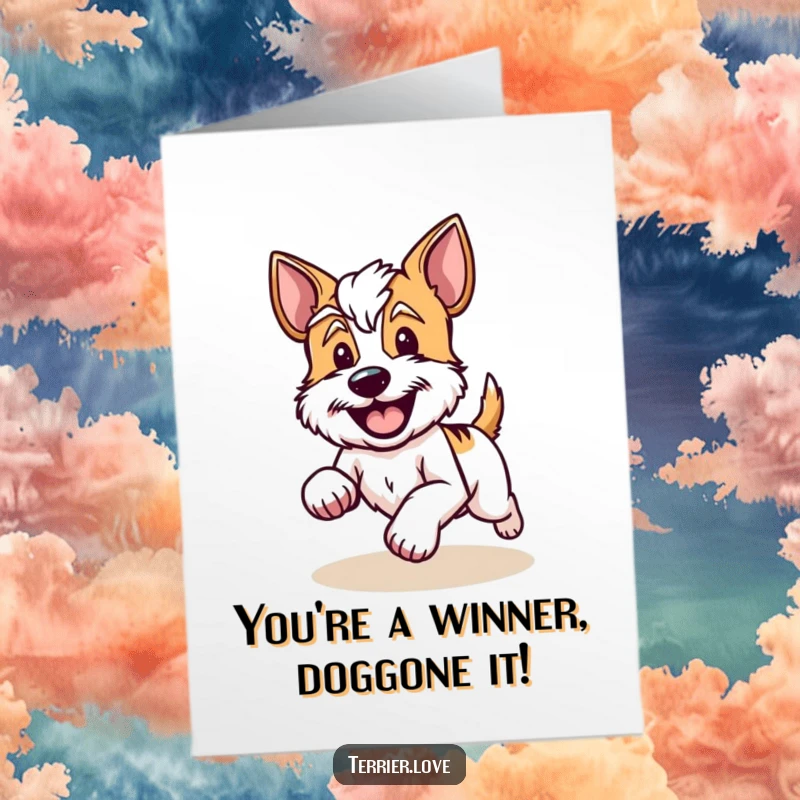 Funny Free Printable Congratulations Card: A terrier running joyfully with its tail wagging, celebrating a momentous achievement.