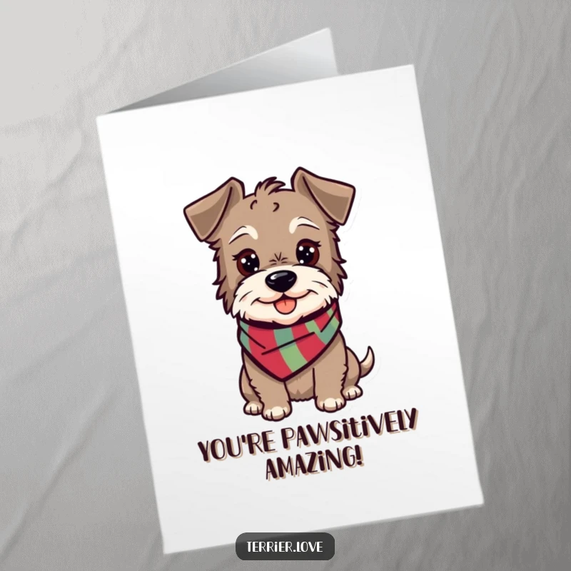 Funny free printable congratulations card featuring an alert terrier in a scarf, exuding cheerful congratulatory vibes.