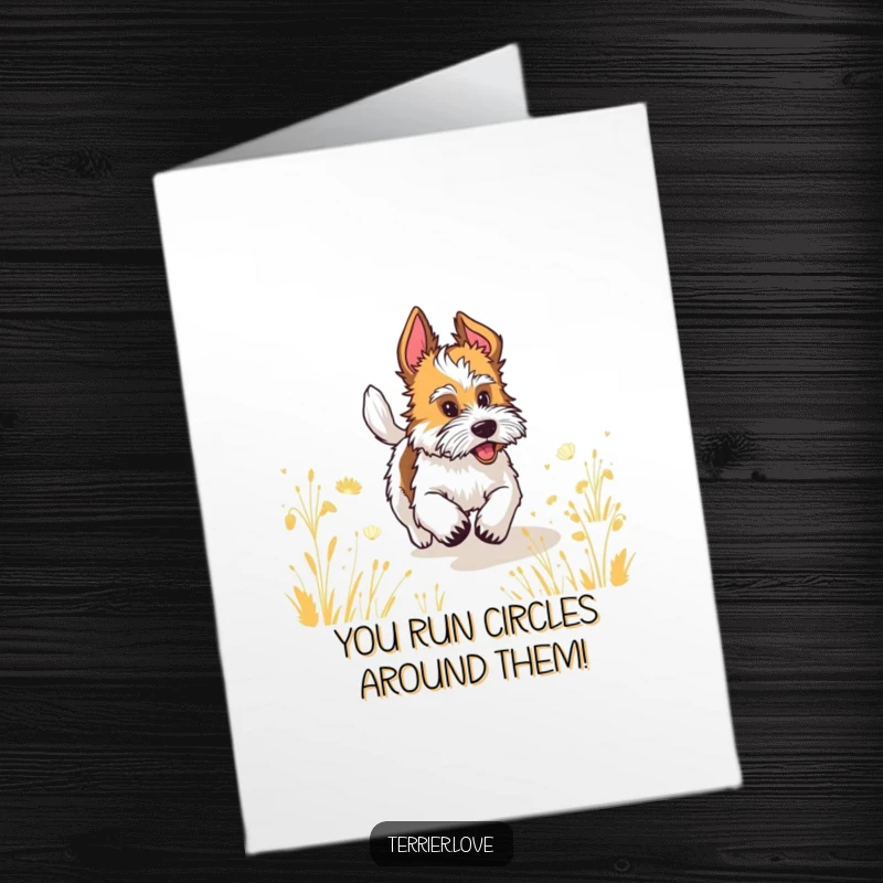 Free Printable congratulations card showing a terrier with a wagging tail running through a field, celebrating achievements.