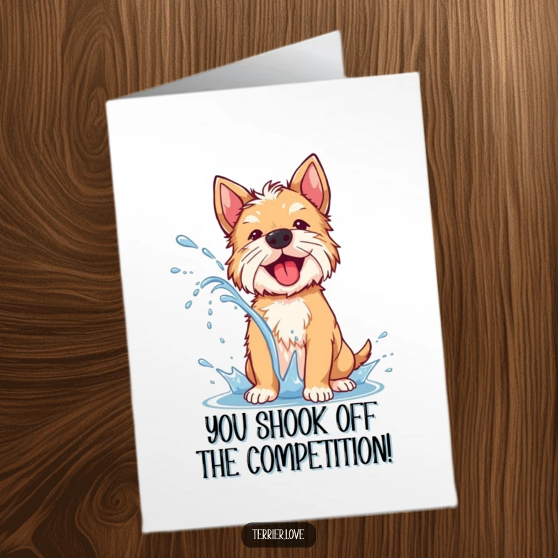 Funny Free Printable Congratulations Card: A terrier dog joyfully shaking off water, sending a celebratory spray everywhere.