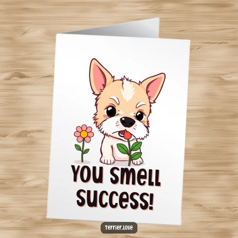 Funny Free Printable Congratulations Card: A terrier with an inquisitive expression sniffing a colorful stylized flower icon.